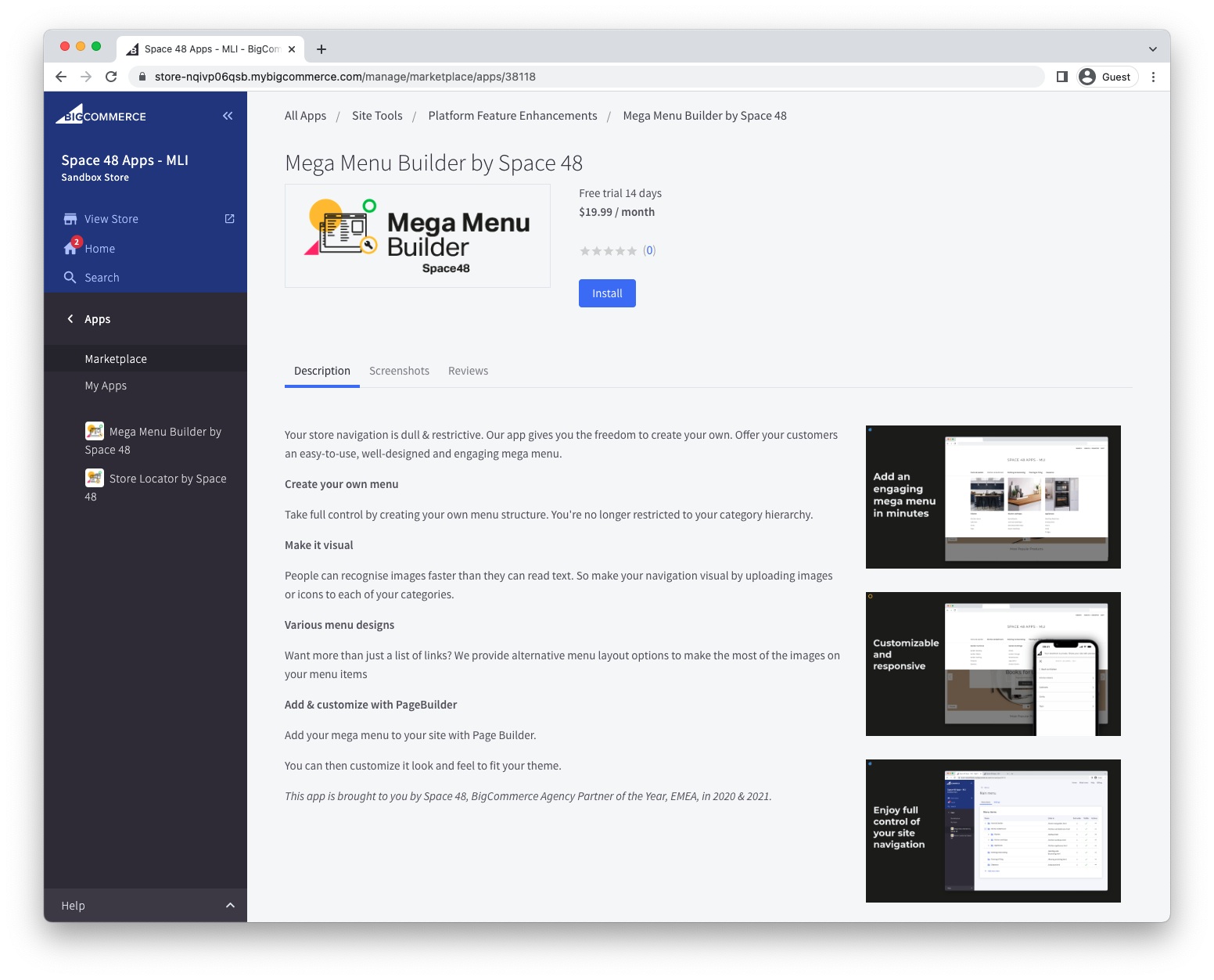 Mega Menu Builder installation screen in BigCommerce