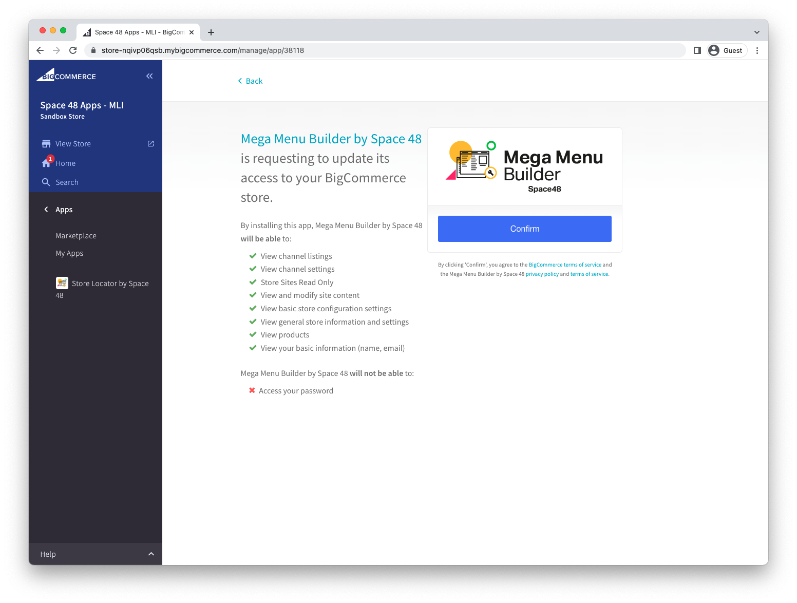 BigCommerce app permissions confirmation screen