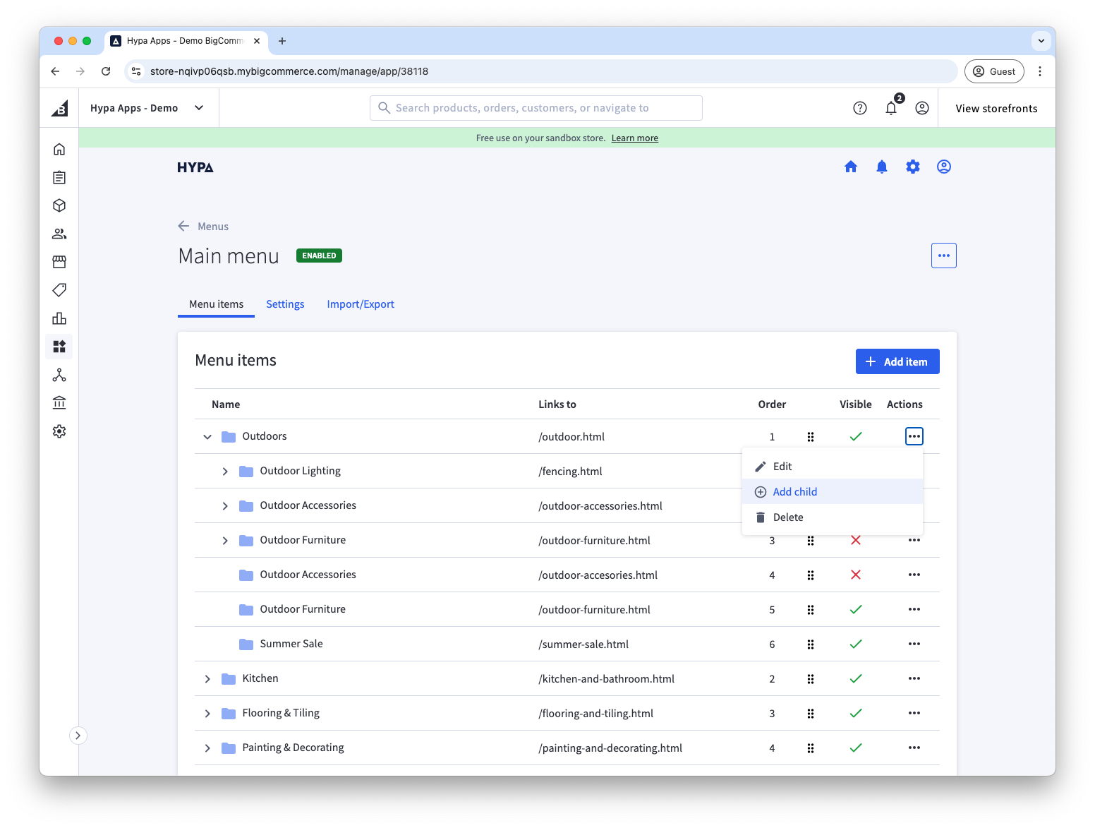 Menu item list with actions for adding child items