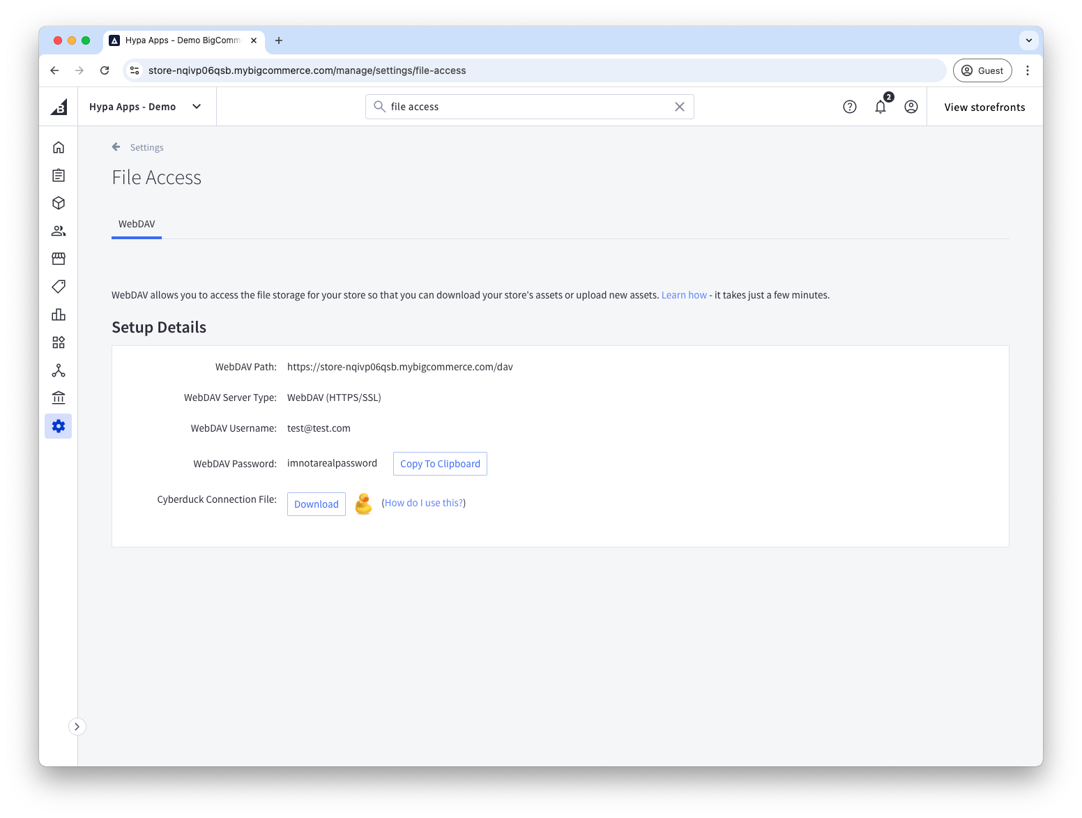 BigCommerce File Access page showing WebDAV credentials