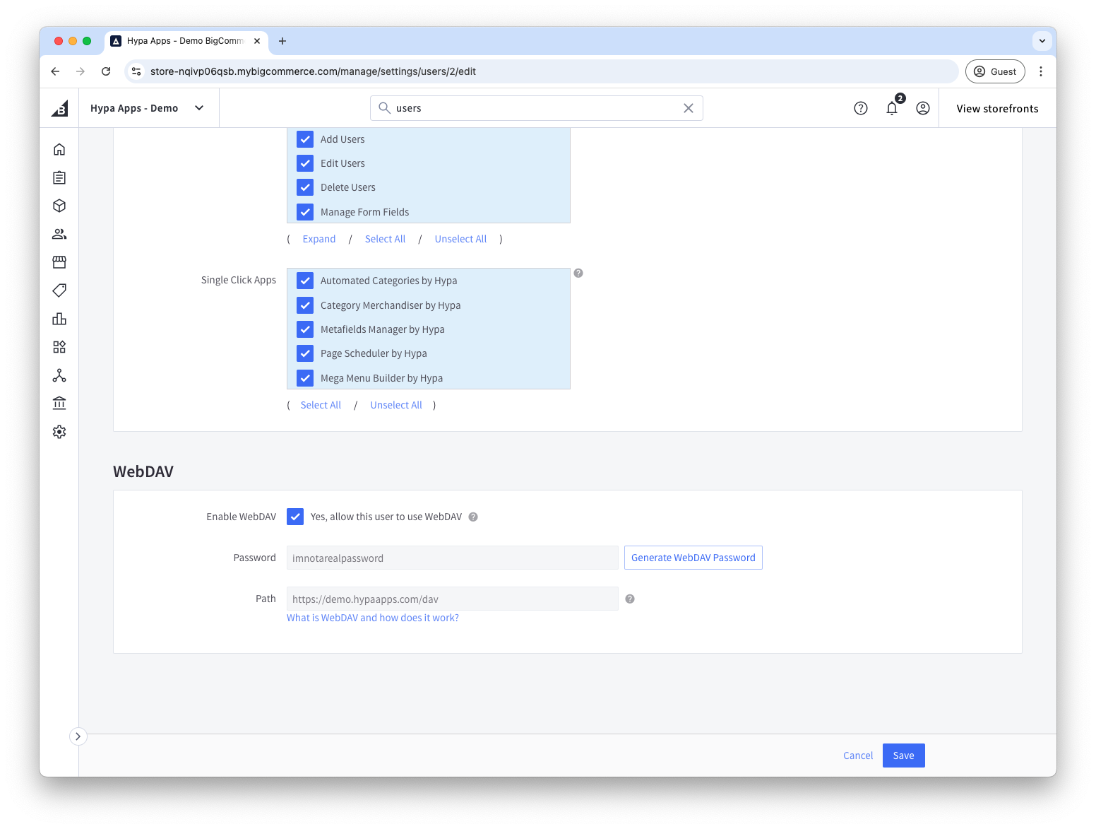 WebDAV access setting for a BigCommerce user