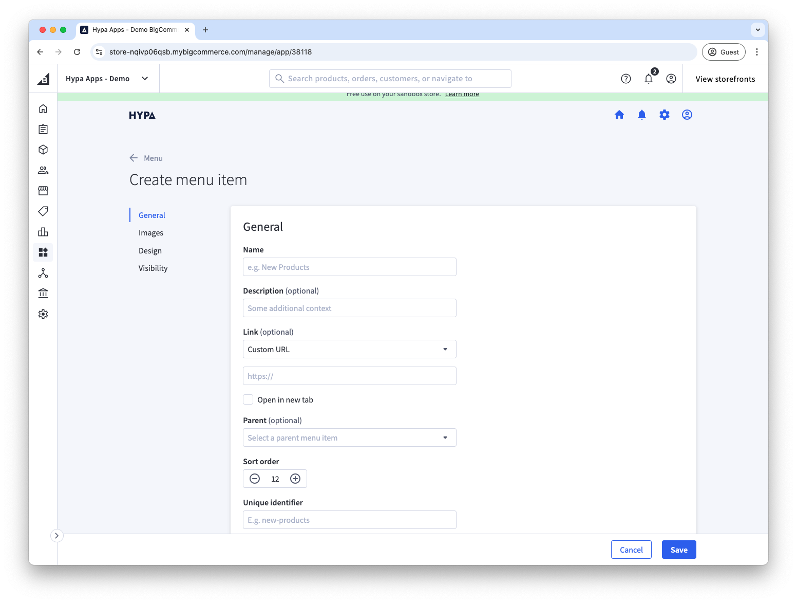 Form for adding a menu item name and link