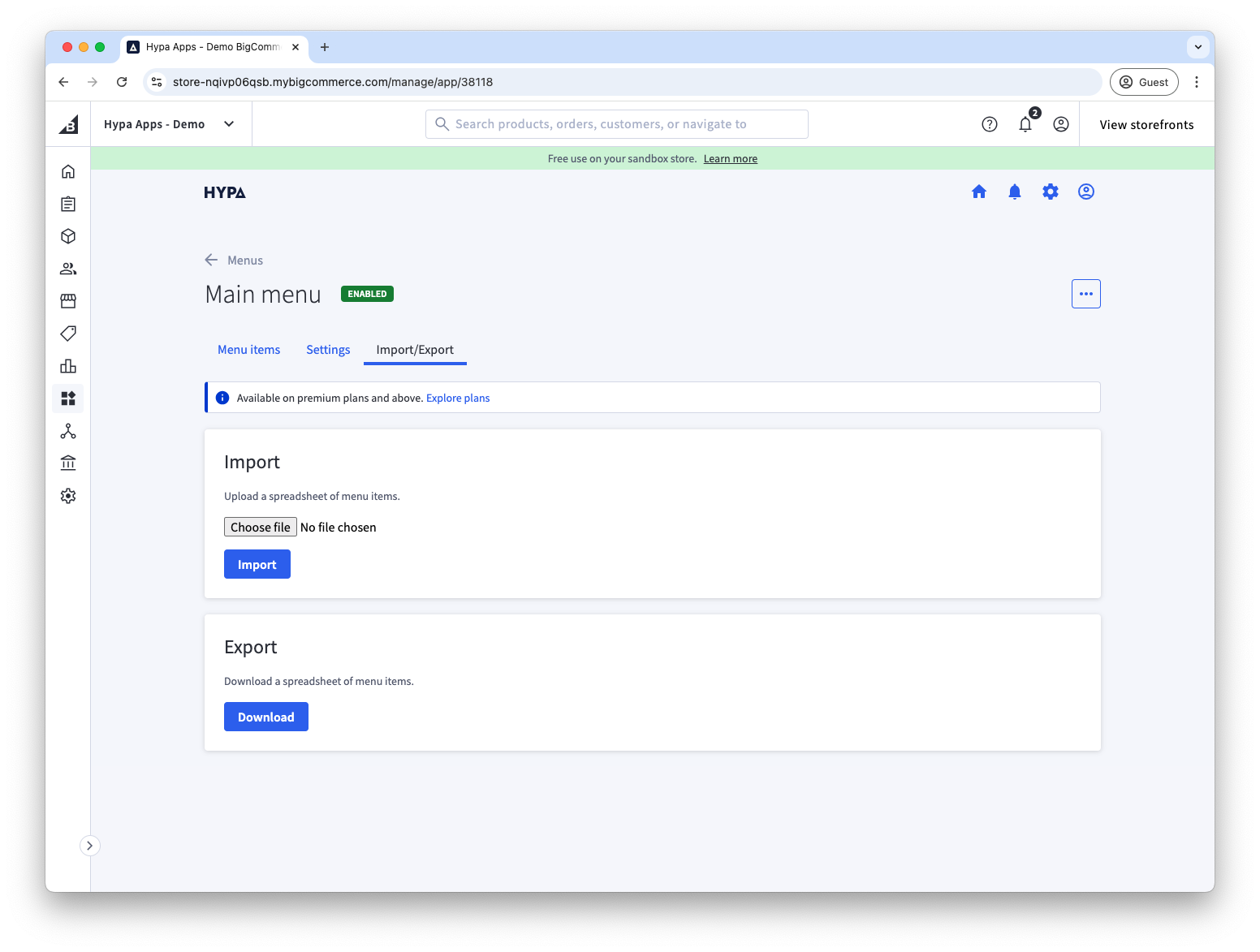 Import and Export tab for a Mega Menu Builder menu