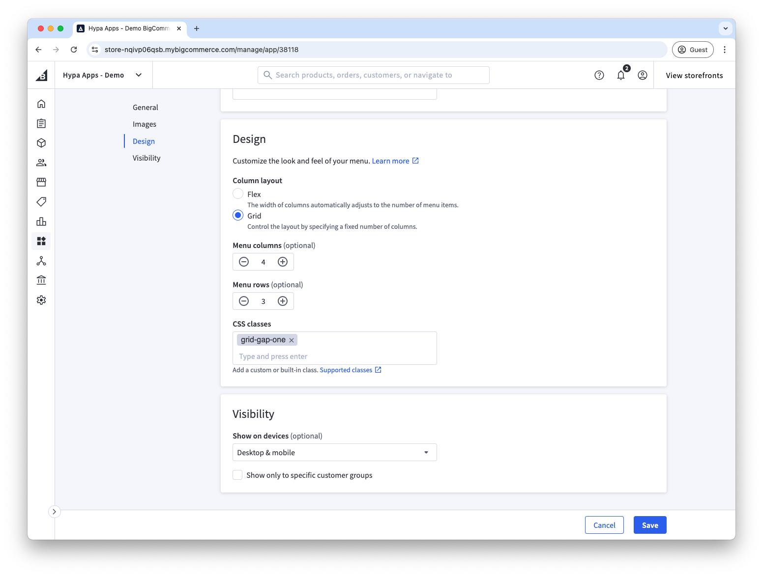 Flex and grid options for a top-level menu item