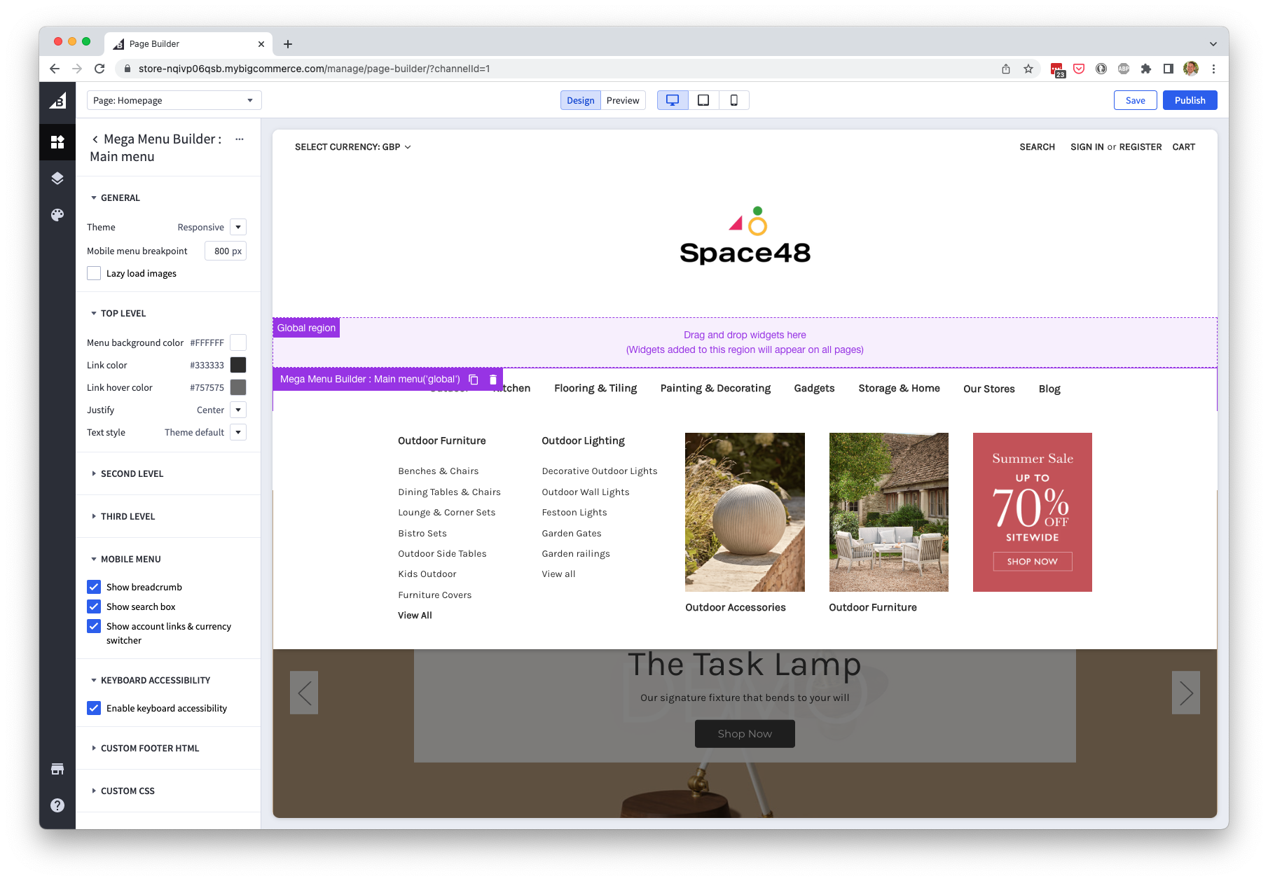 Mega Menu widget options in BigCommerce Page Builder