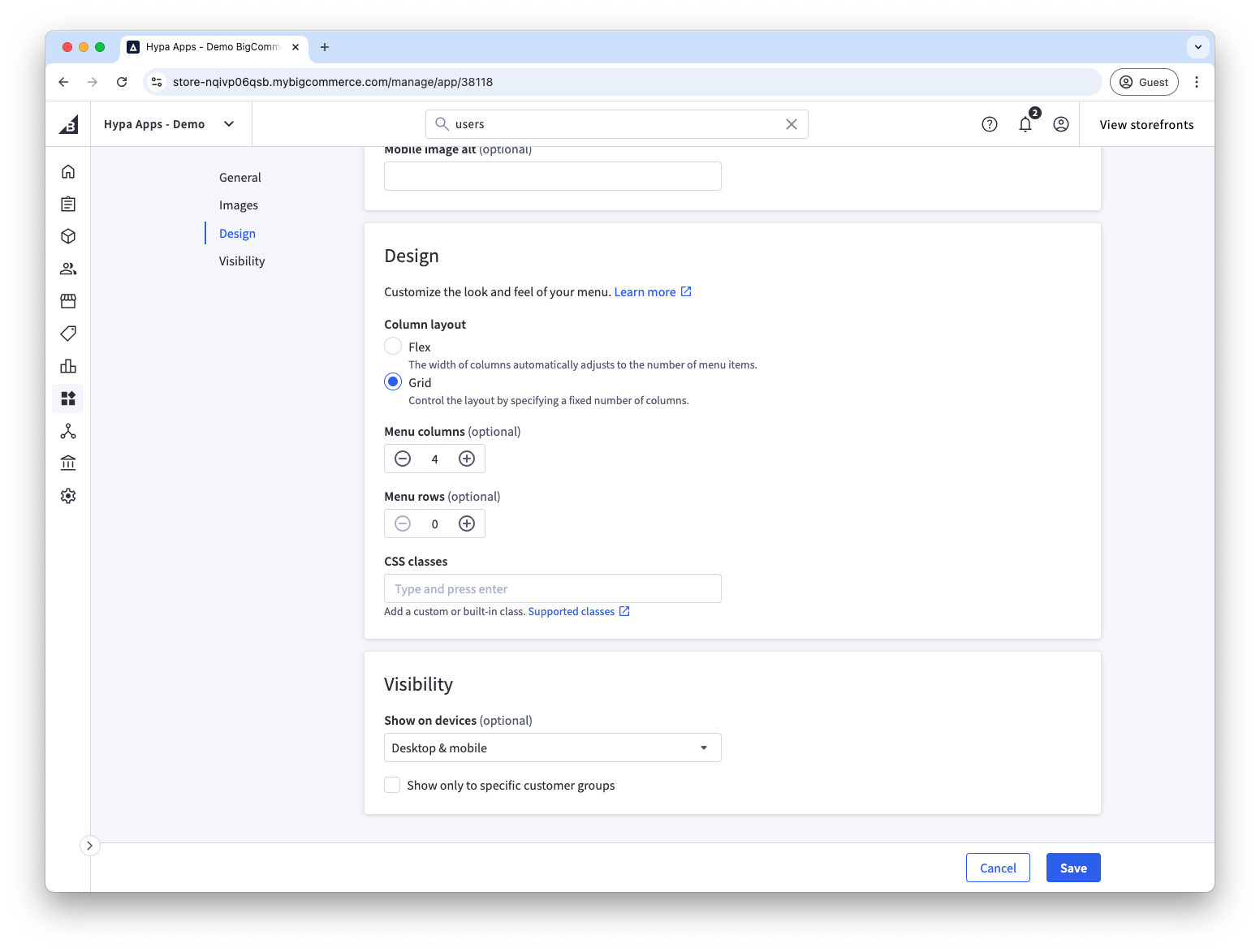 Top-level menu item configured as a four-column grid