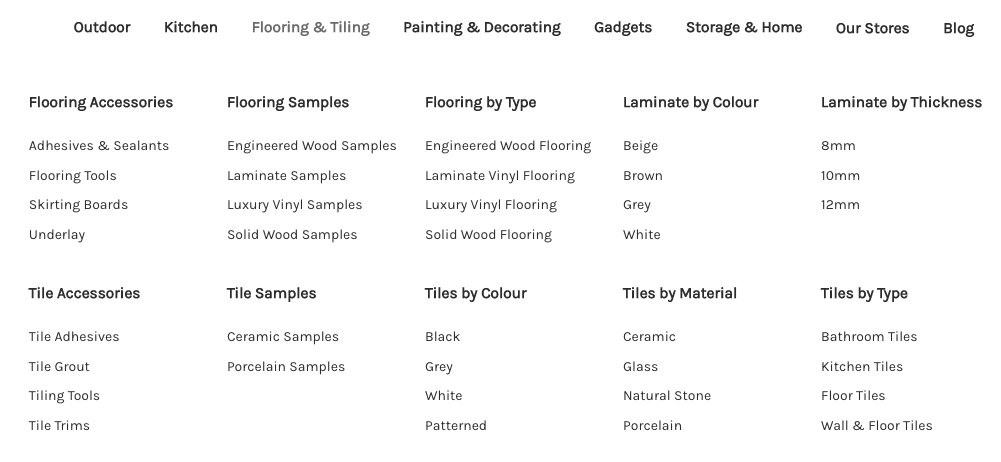 Menu link lists arranged in two rows