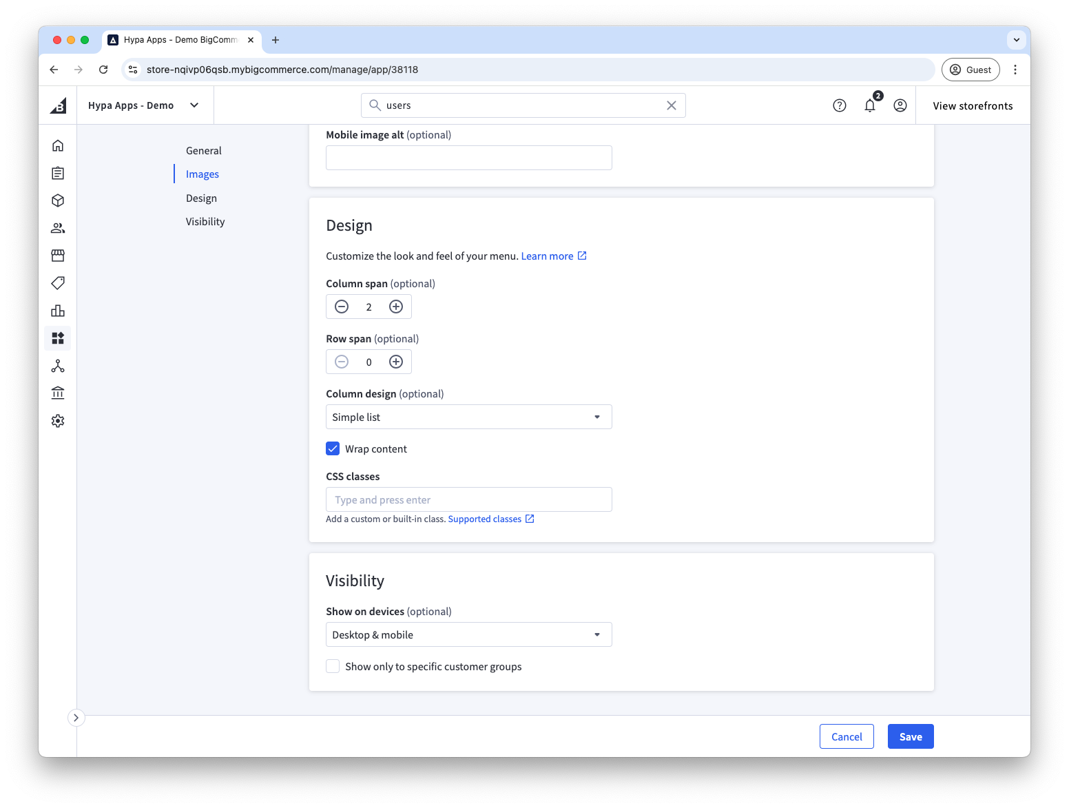Wrap content option enabled on a second-level menu item