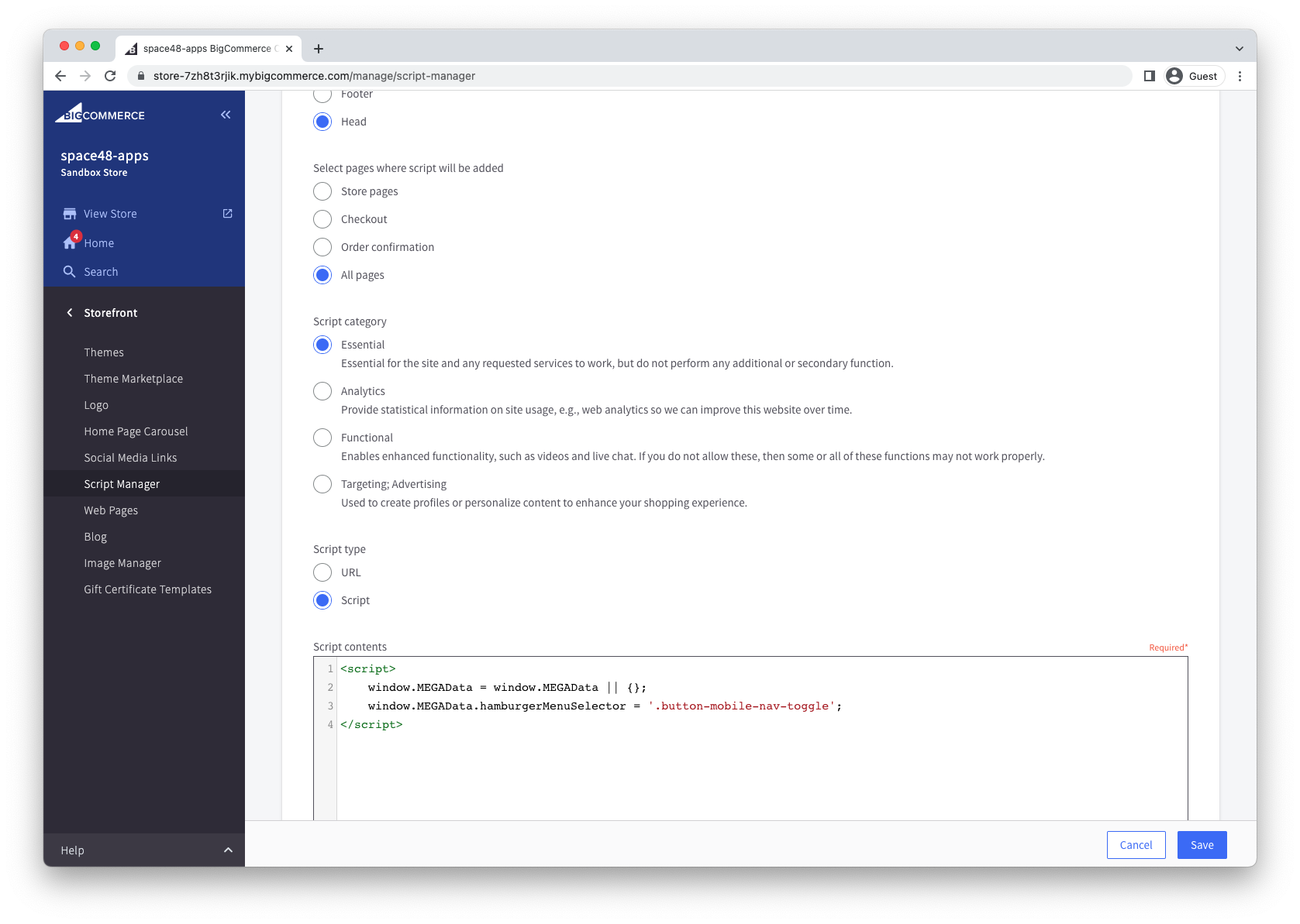 Custom hamburger selector script configured in BigCommerce Script Manager